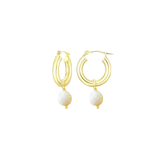 orecchini anallergici in argento 925 a cerchio dorati con perla di fiume pendente