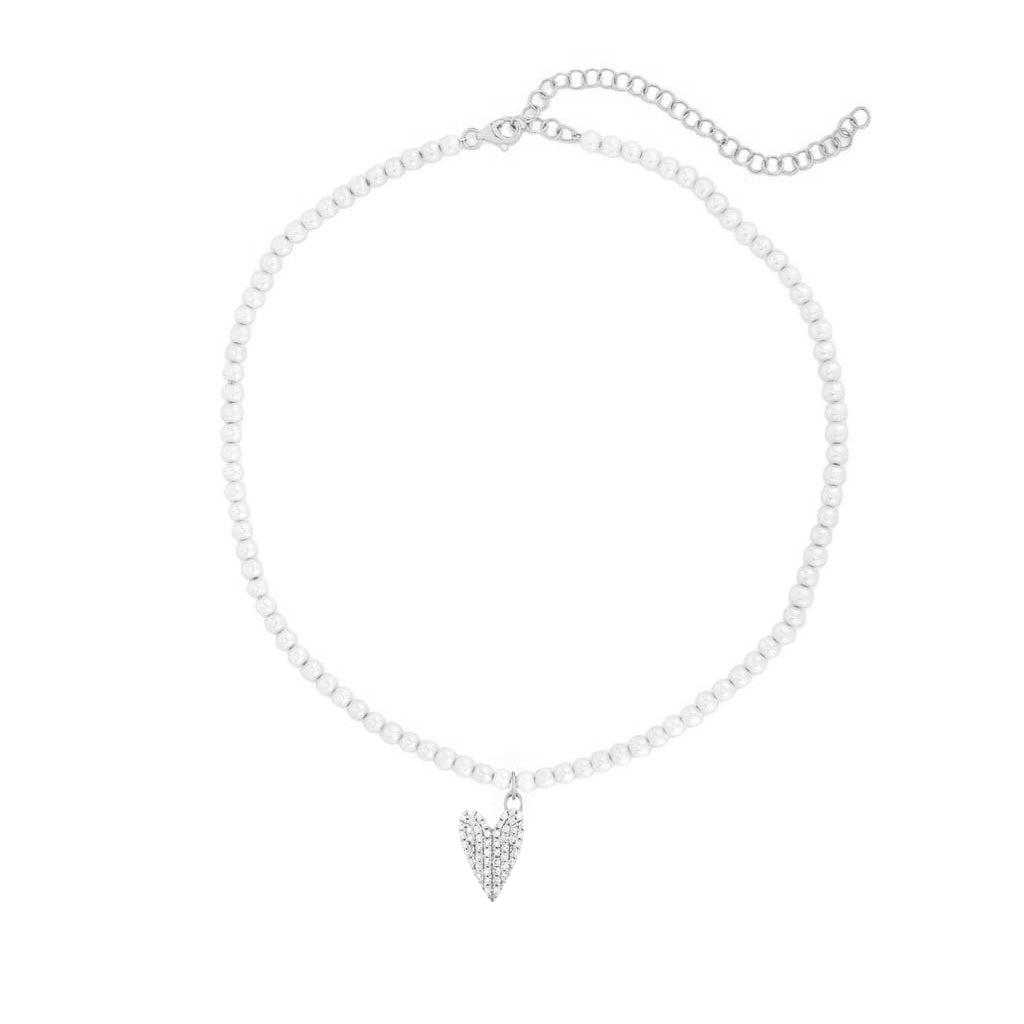 collana di perle swarovski con ciondolo a forma di cuore tempestato di zirconi in argento 925