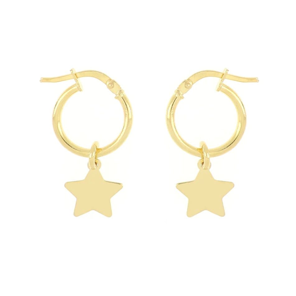Orecchini dorati anallergici a cerchio con pendente a forma di stella in argento 925 per look minimal e alla moda