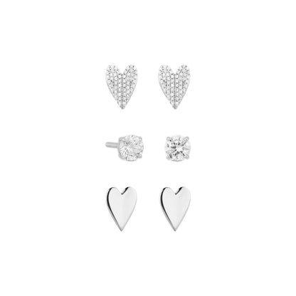 set orecchini cuore in argento, punti luce in argento e zirconi e cuori con pavé di diamanti