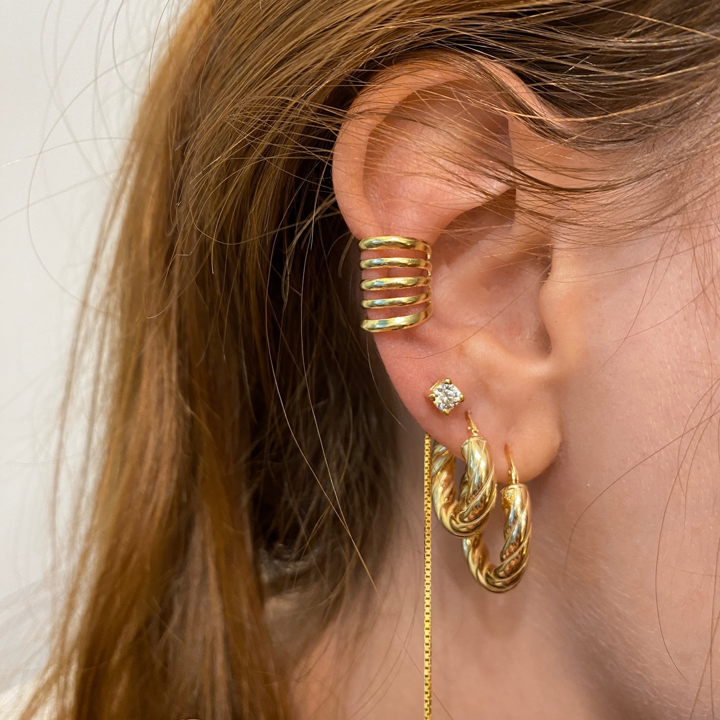 orecchini dorati in argento 925 minimal con orecchino a cascata con zirconi, earcuff dorato in argento 925