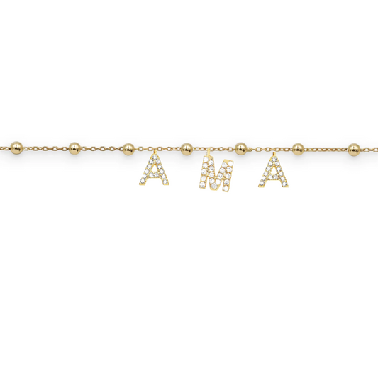 bracciale con frase personalizzata dorato con lettere in argento 925 e zirconi 