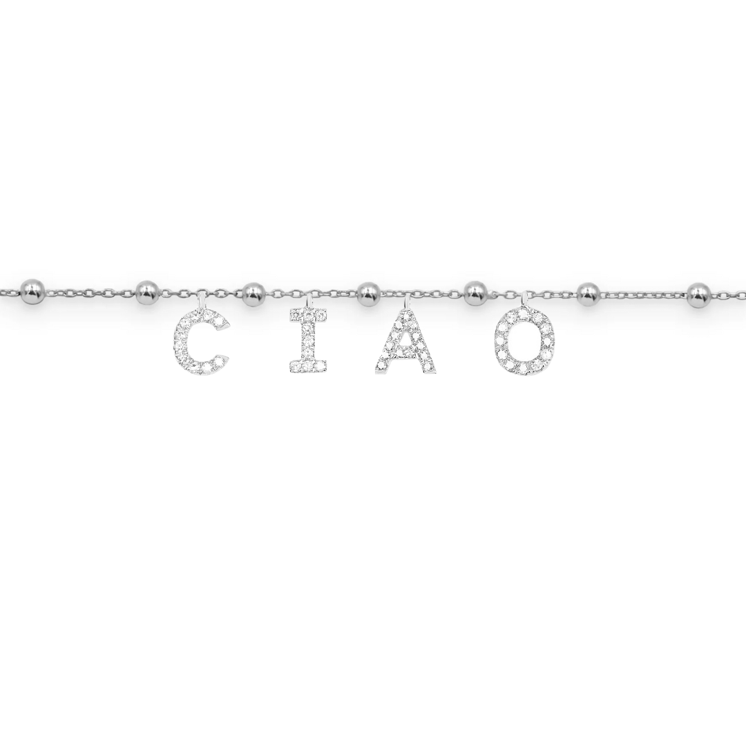 Bracciale da personalizzare in argento 925 con scritta ciao in argento e zirconi