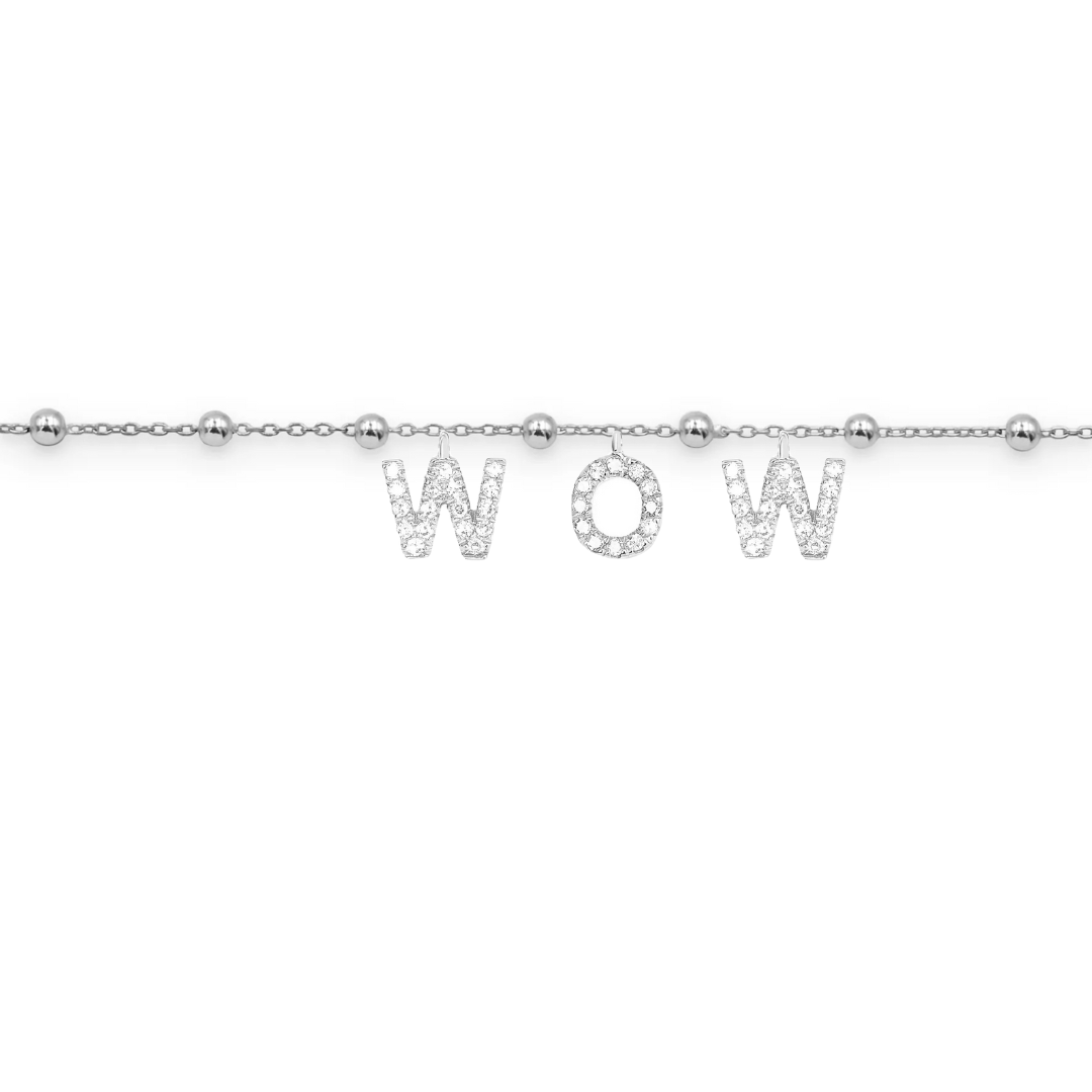 Bracciale da personalizzare in argento 925 con lettere tempestate di zirconi con scritta wow